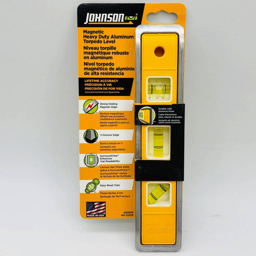 Johnson 4500M Torpedo Level Aluminum 9-in 3 Vial Magnetic Base Heavy Duty 1