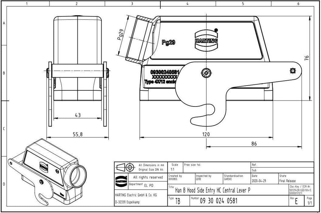 Harting 09300240581 Han B Hood Side Entry Central Lever P Size 24B 2