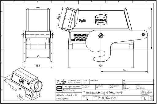 Harting 09300240581 Han B Hood Side Entry Central Lever P Size 24B 2