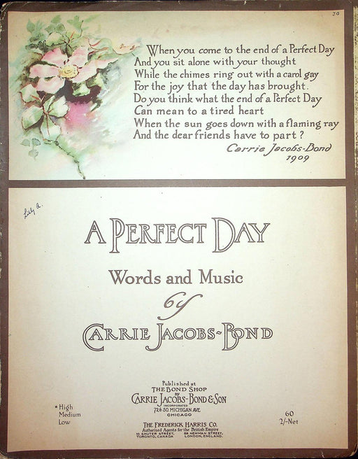 1910 A Perfect Day Vintage Sheet Music Large Carrie Jacobs Bond David Bispham 1