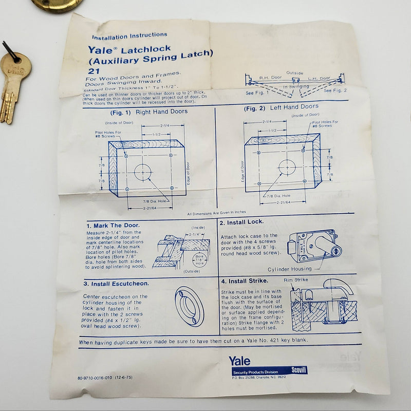 Yale Rim Door Lock No 21 Spring Latch 1" to 1-1/2" Thick Doors Brass w/ Cylinder