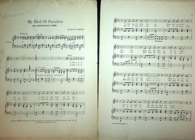 1915 My Bird Of Paradise Sheet Music Irving Berlin Honolulu Girl Blossom Seeley 2