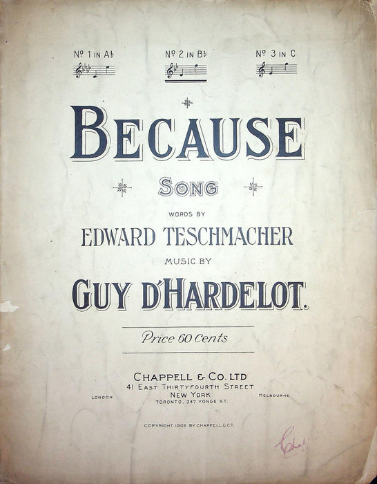1902 Because Edward Teschemacher Guy D Hardelot Vintage Sheet Music Large French 1