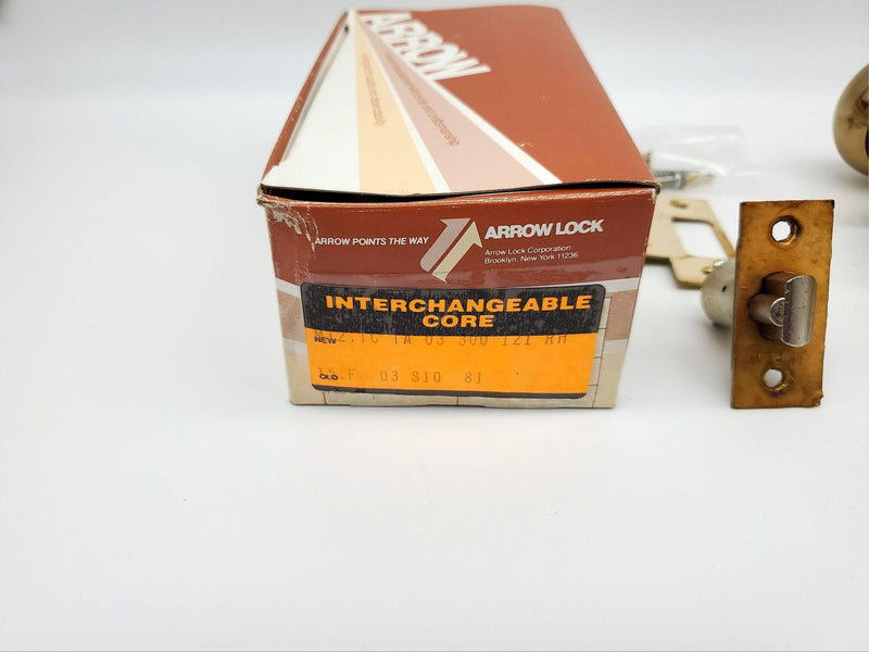 Arrow Door Knob Storeroom Lock Bright Brass 2-3/8" BS SFIC Ready M12TA RH NOS 3