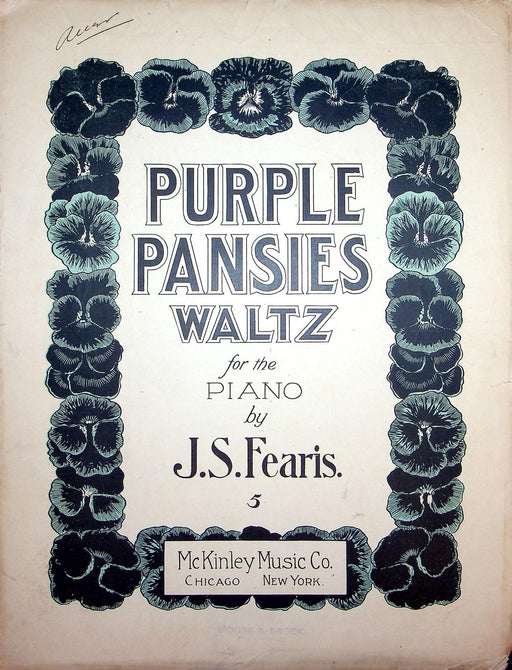 1904 Purple Pansies Waltz Vintage Antique Sheet Music Large J S Fearis McKinley 1