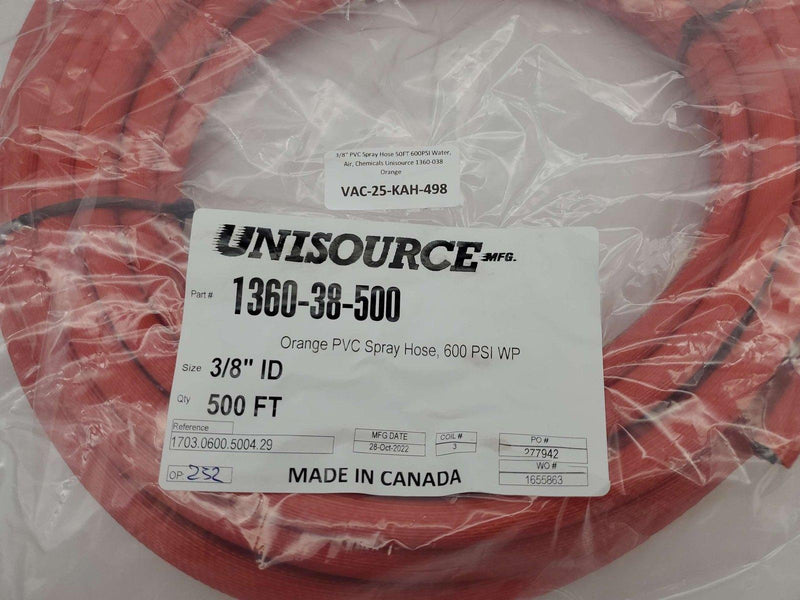 3/8" PVC Spray Hose 50FT 600PSI Water, Air, Chemicals Unisource 1360-038 Orange 4