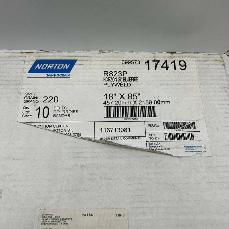 Norton 17419 Sanding Belt 18 X85in BlueFire R823P ZA Fine Grit 220 Plyweld 10pk 2