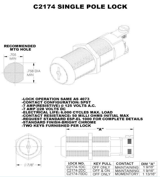 Chicago C2174-70DC Momentary Switch Lock SPST Bright Chrome 1-9/16" Keyed Alike 7