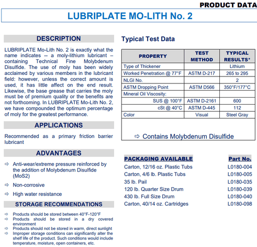 Lubriplate Mo-Lith No. 2 Lubricant 16 OZ Tub Moly-Lithium Grease Water Resistant 2