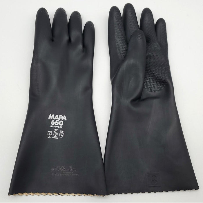 MAPA Butoflex 650 Butyl Gloves Chemical Resistant Size 8 Med 14" Long Black Pair 1