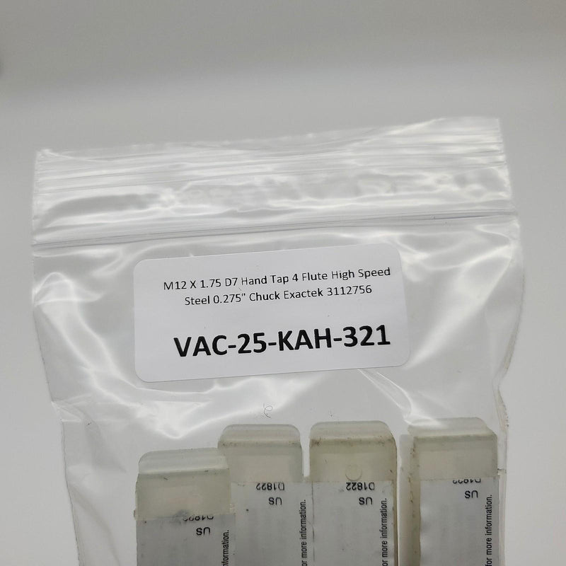 M12 X 1.75 D7 Hand Tap 4 Flute High Speed Steel 0.275" Chuck Exactek 3112756 5