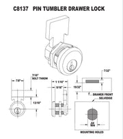 CompX C8137 Drawer Lock Satin Chrome Keyed Alike 19/32" Cylinder Insertable Bolt 9
