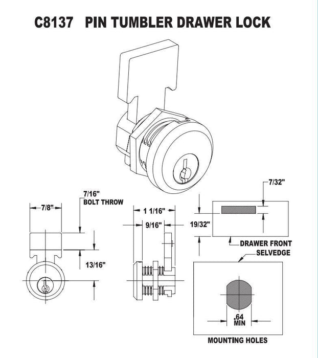 CompX C8137 Drawer Lock Satin Chrome Keyed Alike 19/32" Cylinder Insertable Bolt 9