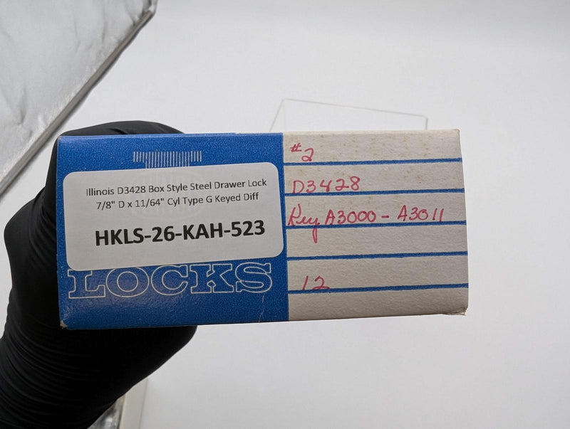 Illinois D3428 Box Style Steel Drawer Lock 7/8" D x 11/64" Cyl Type G Keyed Diff