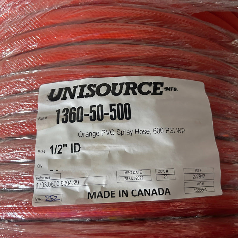 1/2" PVC Spray Hose 50FT 600PSI Water Air Chemicals Unisource 1360-050 Orange