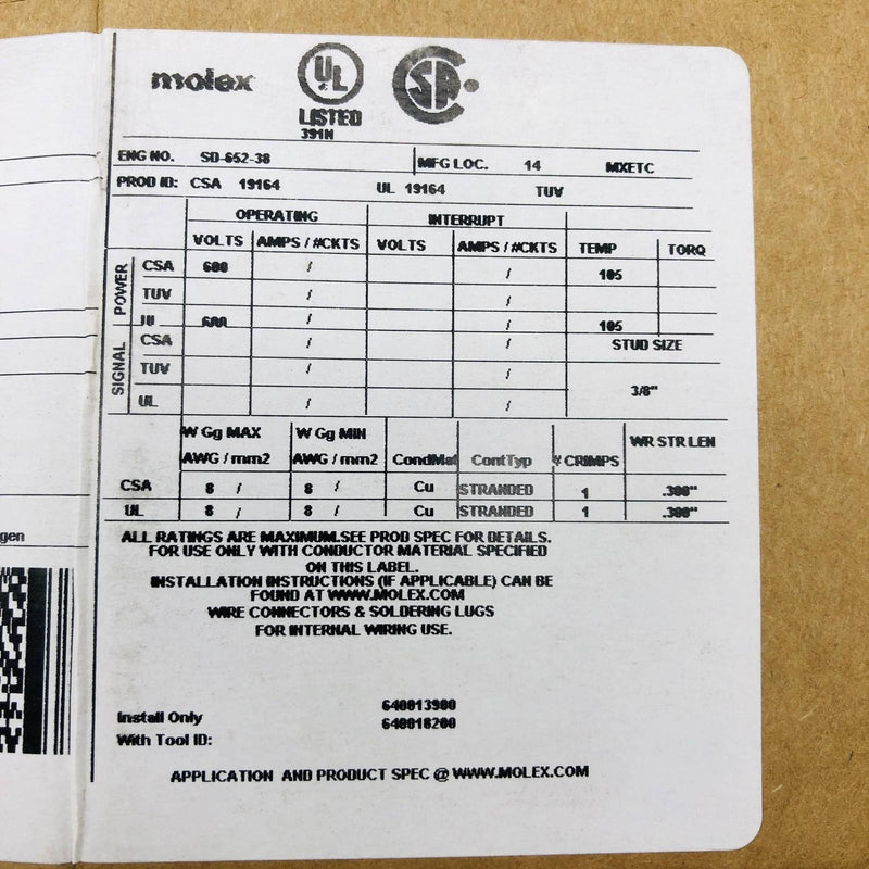 Molex 0191640082 Crimp Terminal Ring Connector 22-18 AWG Perma Seal Lot of 25 3