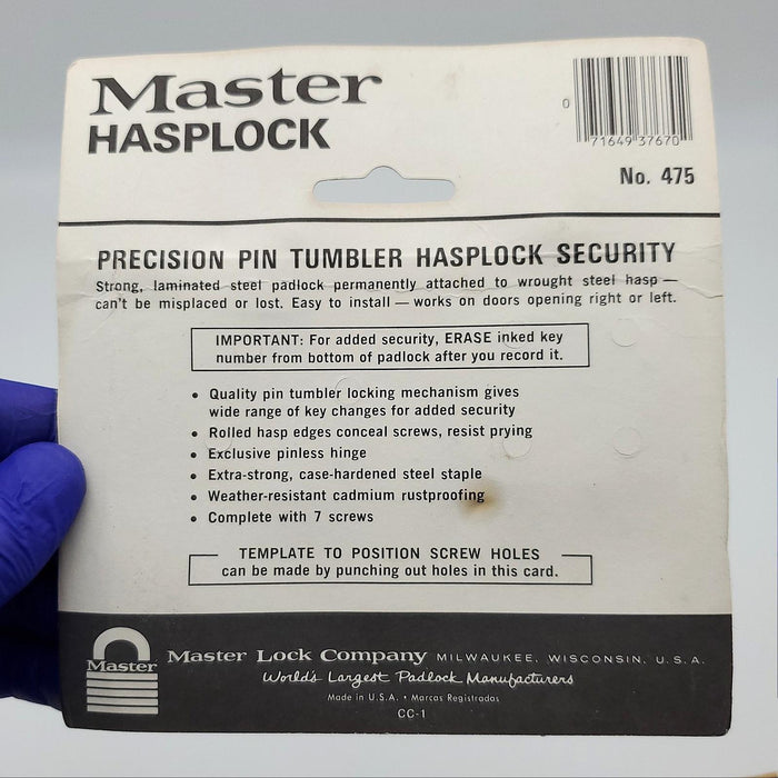 Master Lock No 475 Hasplock 4-1/2"L & Padlock Heavy Duty Keyed Alike USA Made 7