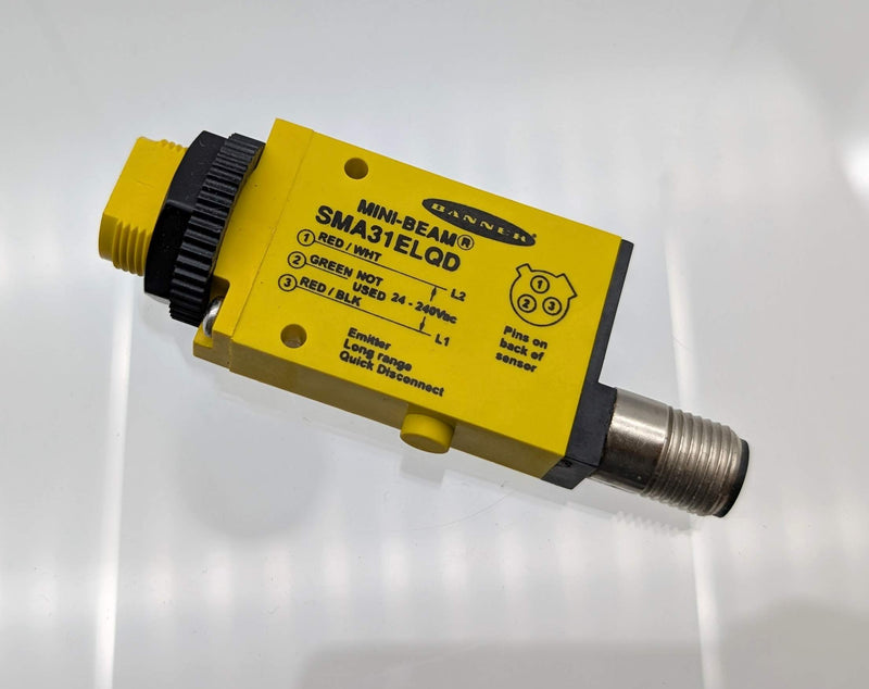 Banner SMA31ELQD Mini Beam Photoelectric Emitter 30M Range 24-240 VAC 3-PIN QD