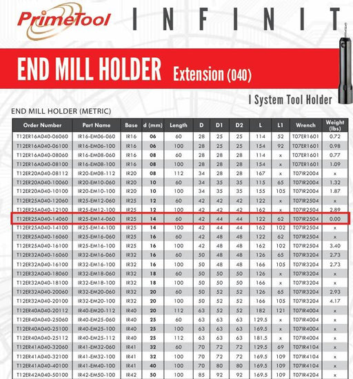 Prime Tool IR25-EM14-060 End Mill Tool Holder 60mm Len 14mm Dia 2