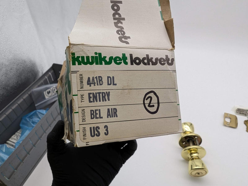 Kwikset Entry Door Knob Lock Double Cylinder Bright Brass Bel Air 2-3/8" 441 BDL