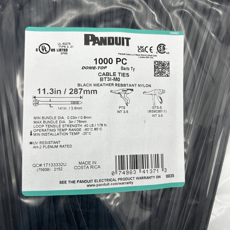 Panduit BT3I-M0 Cable Tie Dome Top Barb Ty 11.3in Blk Wea Res Nylon 40lb 1000/pk 2