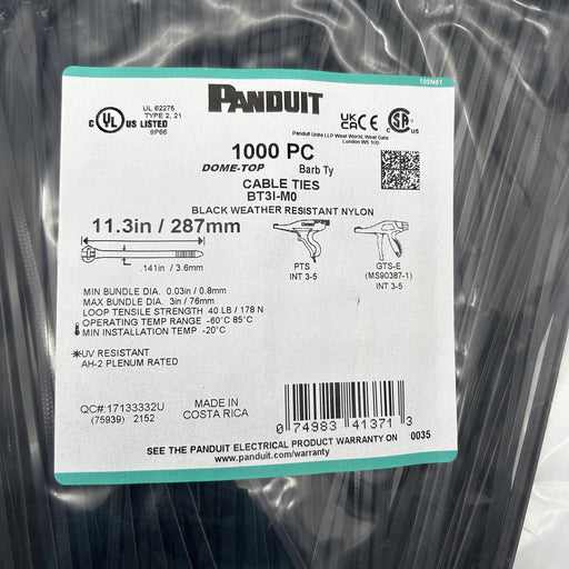 Panduit BT3I-M0 Cable Tie Dome Top Barb Ty 11.3in Blk Wea Res Nylon 40lb 1000/pk 2