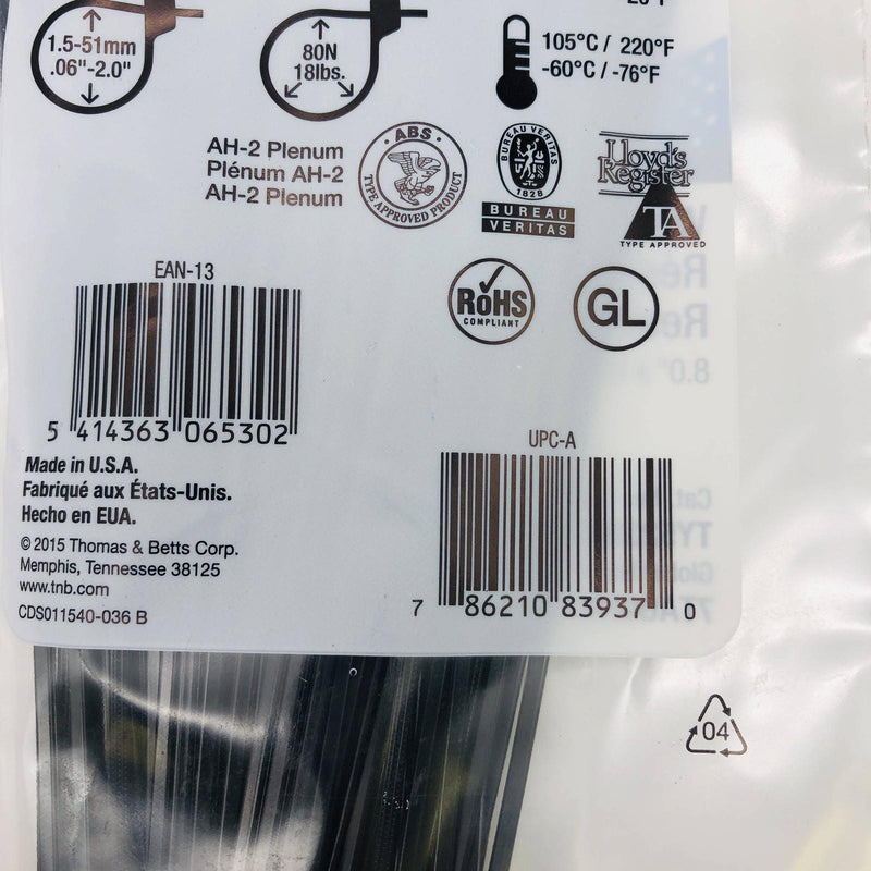 Thomas & Betts TY5232MX Cable Tie Ty-Rap 18lb 8in UV Black Nylon 500pk (.10/pc)