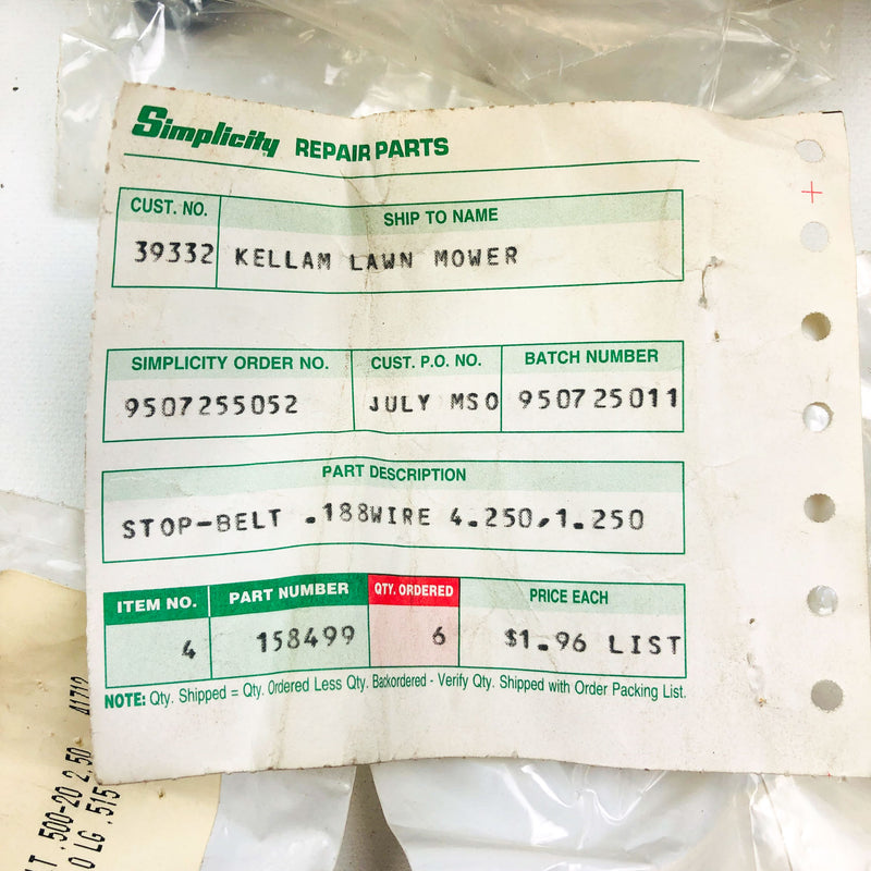 Simplicity 158499 Stop Belt .188Wire 4.250 1.250 OEM NOS Repld 2167032SM Sealed 2