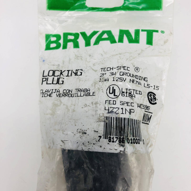Bryant 4721NP Locking Blade Plug 15A 125 VAC 1-phase 2-pole 3-wire NEMA L5-15 2