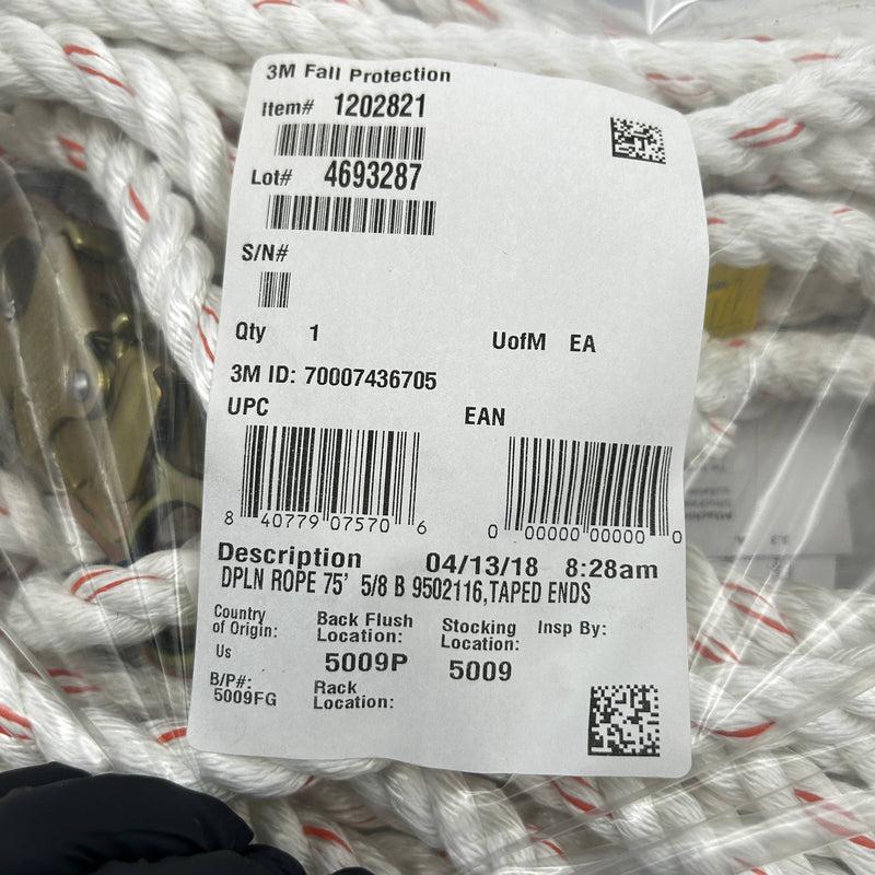 3M DBI-SALA Fall Protection 1202821 Rope Lifeline w Snap Hook 75' 5/8" Taped End