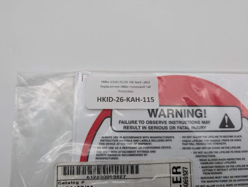 Miller 6350135/20 106 Back Label Replacement Miller Honeywell Fall Protection 3
