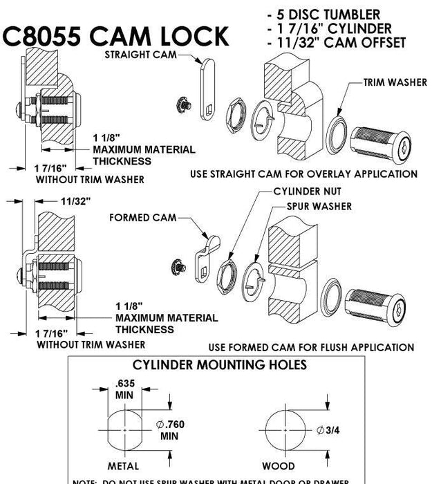 CompX C8055 Cam Lock 1-7/16"L x 3/4"D Cylinder Bright Brass 5 Disc Keyed Alike 2