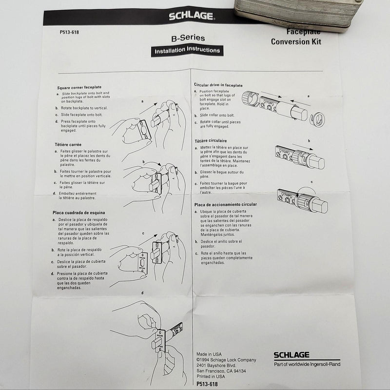 Schlage 12-627 Deadbolt Faceplate Conversion Kit Oiled Bronze 1-1/8" Square Corn 4