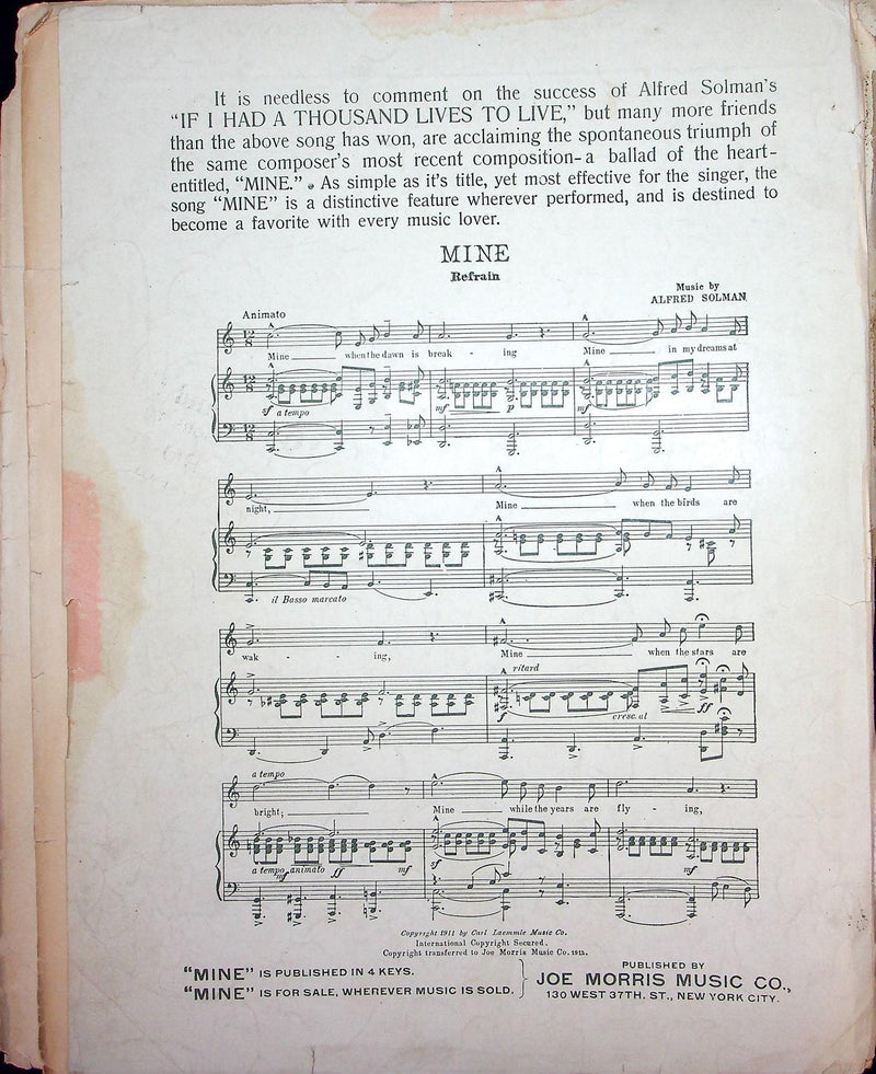 1912 Ship Of My Dreams Vintage Sheet Music Large Alfred Solman Arthur Lamb 3