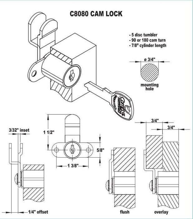 CompX C8080 Cam Lock Antique Brass Keyed Alike C415A 7/8"L x 5/8"D Cylinder 6