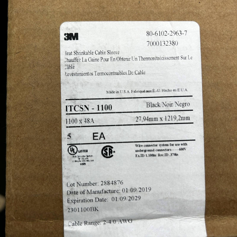 3M 7000132380 Heat Shrinkable Cable Sleeve ITCSN-1100x48A Black 2-4/0 AWG 5pk 2