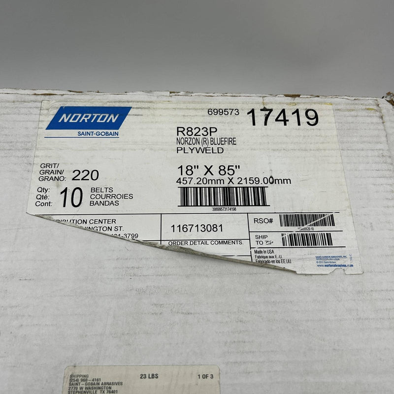 Norton 17419 Sanding Belt 18 X85in BlueFire R823P ZA Fine Grit 220 Plyweld 10pk 3