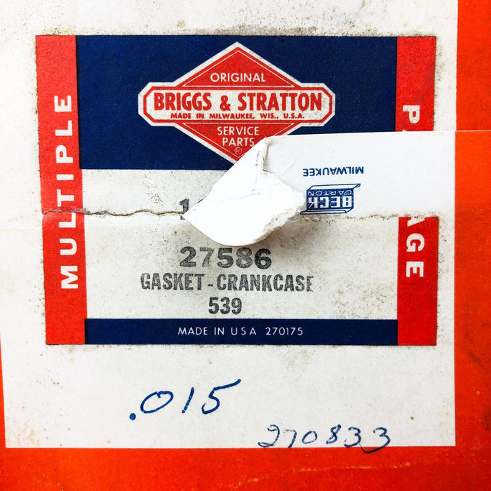 Briggs and Stratton 27586 Gasket Crankcase .015 OEM NOS Replaced by 692218 2