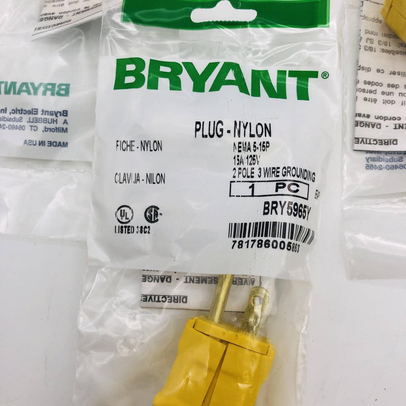 Bryant BRY5965Y Nylon Plug Nema 5-15P 15A 125V 2 Pole 3 Wire Grounding Box of 10 3