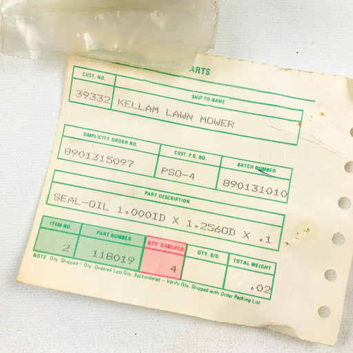 Simplicity 118019 Seal Oil 1.000IDx1.256ODx.1 OEM NOS Replaced 2118019SM Loose 2