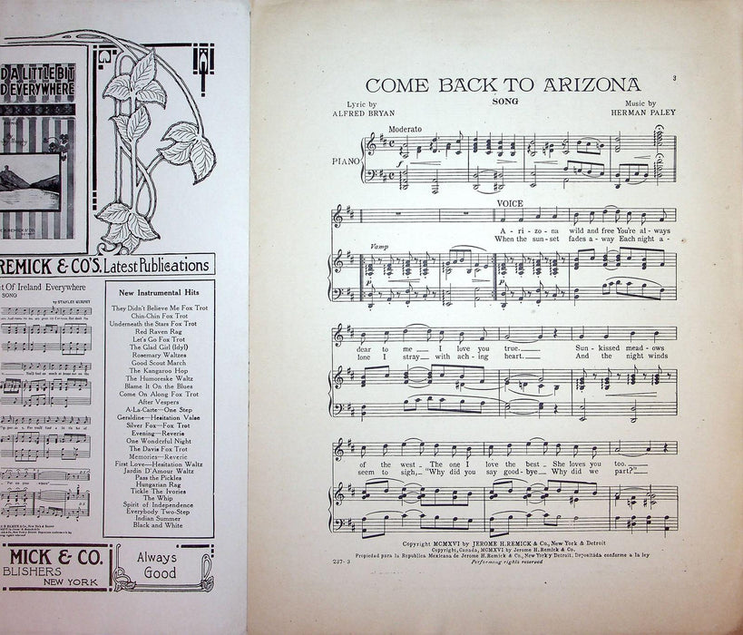 1916 Come Back To Arizona Vintage Sheet Music Large Herman Paley Alfred Bryan 2