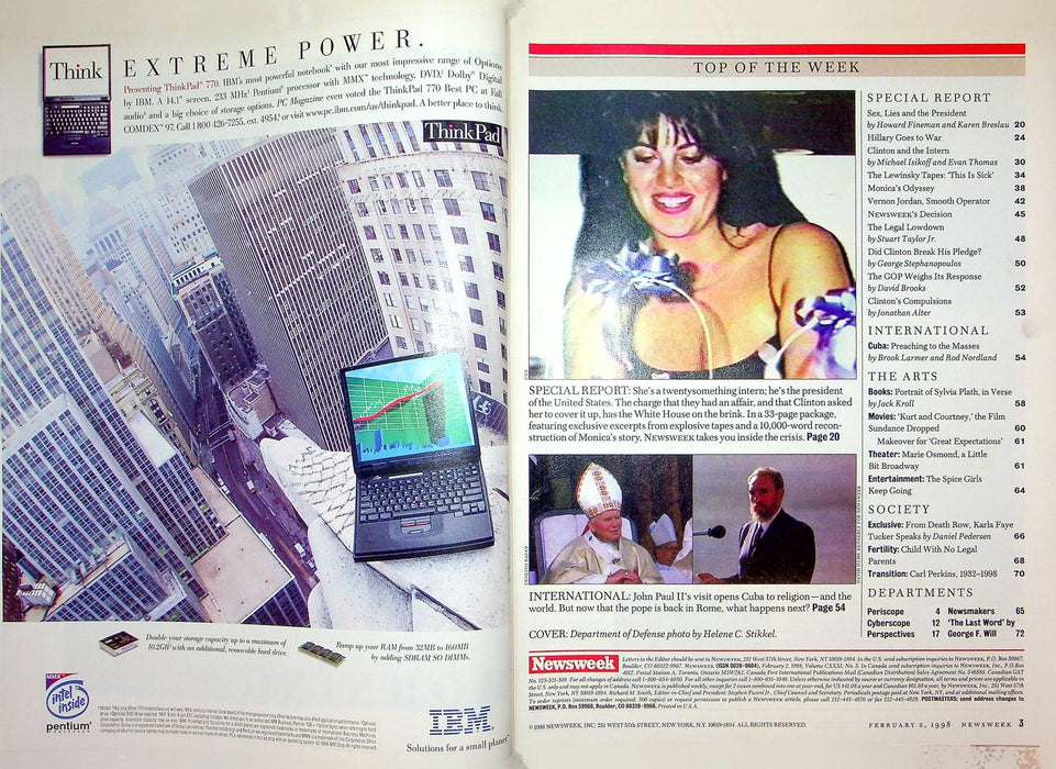 Newsweek Magazine February 2 1998 Lewinsky Clinton Tapes Pope John Paul Cuba 3