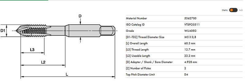 Widia 5362700 Spiral Point Tap M5 X 0.8 2 Flute 60.3mm OAL 12.7mm Thread 2