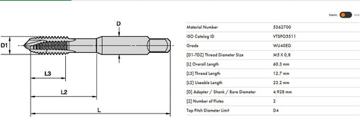 Widia 5362700 Spiral Point Tap M5 X 0.8 2 Flute 60.3mm OAL 12.7mm Thread 2