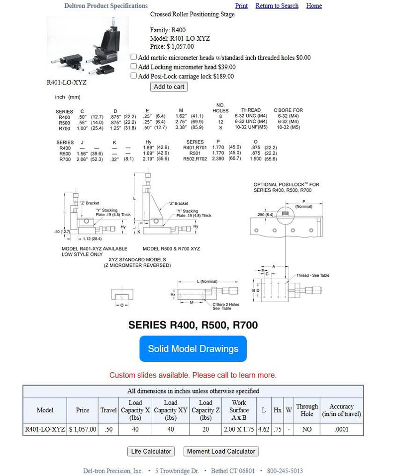 Deltron R401 Ball Slide Positioning Stage Micrometer Driven 0.5" Travel 40lb 2