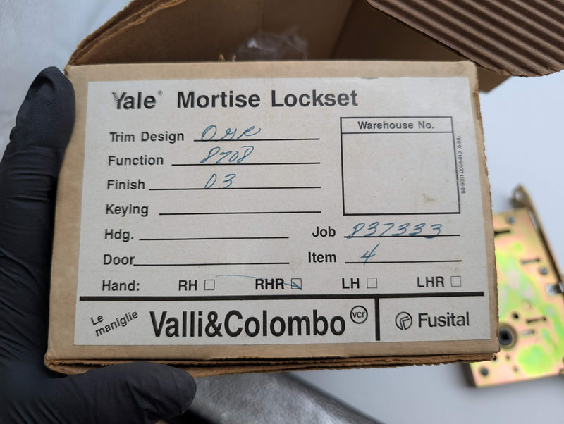 Yale 8708 Mortise Lockset Classroom RHR Polished Brass Fusital Orleans Trim