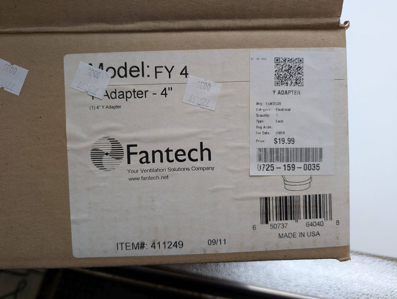 Fantech 4" Y Adapter Duct 4" x 4" x 4" Galvanized Sheet Metal FY 4 6