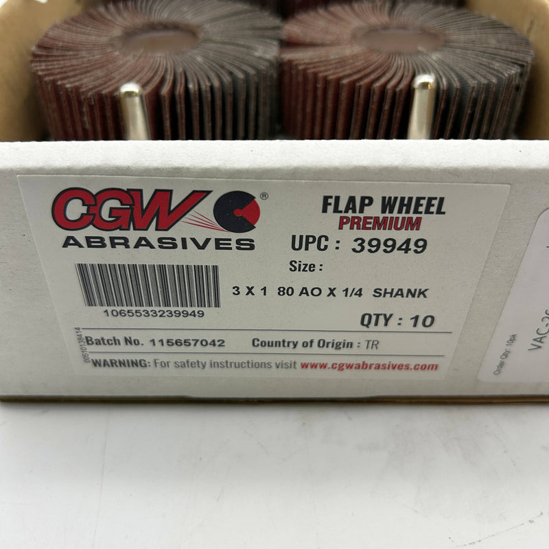 CGW 39949 Flap Wheel 3in Diameter x 1in Thick x 1/4 Shank AO 80 Grit Medium 10pk