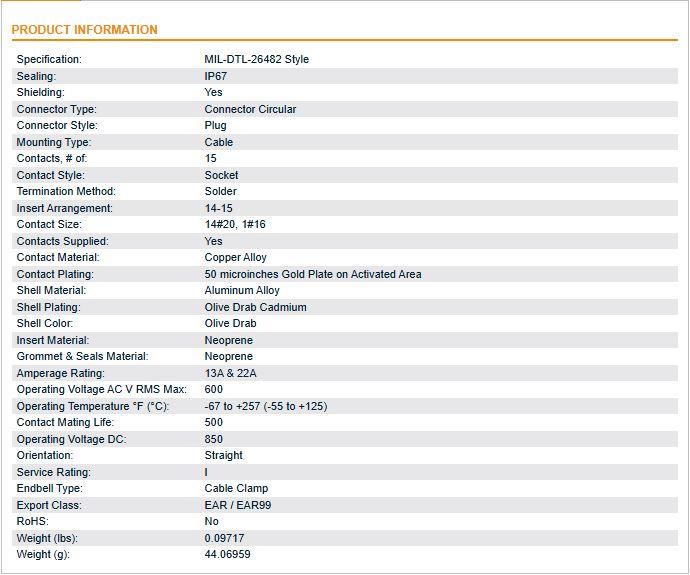 ITT Cannon 26482 Circular Connector 15 Solder Contact IP67 Mil Spec KPT06F14-15S 5