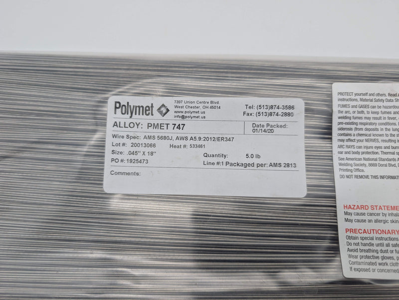 PolyMet AMS5680J 347 Stainless Steel Welding Wire 0.045" x 18" Pack of 5lbs